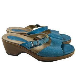 DANSKO ANNABEL Blue LEATHER STRAPPY SLIP ON WEDGE HEEL‎ SANDALS SHOE EU 41 10.5